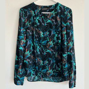 Antik Batik, aqua/navy floral, viscose long-sleeved blouse, size S/38